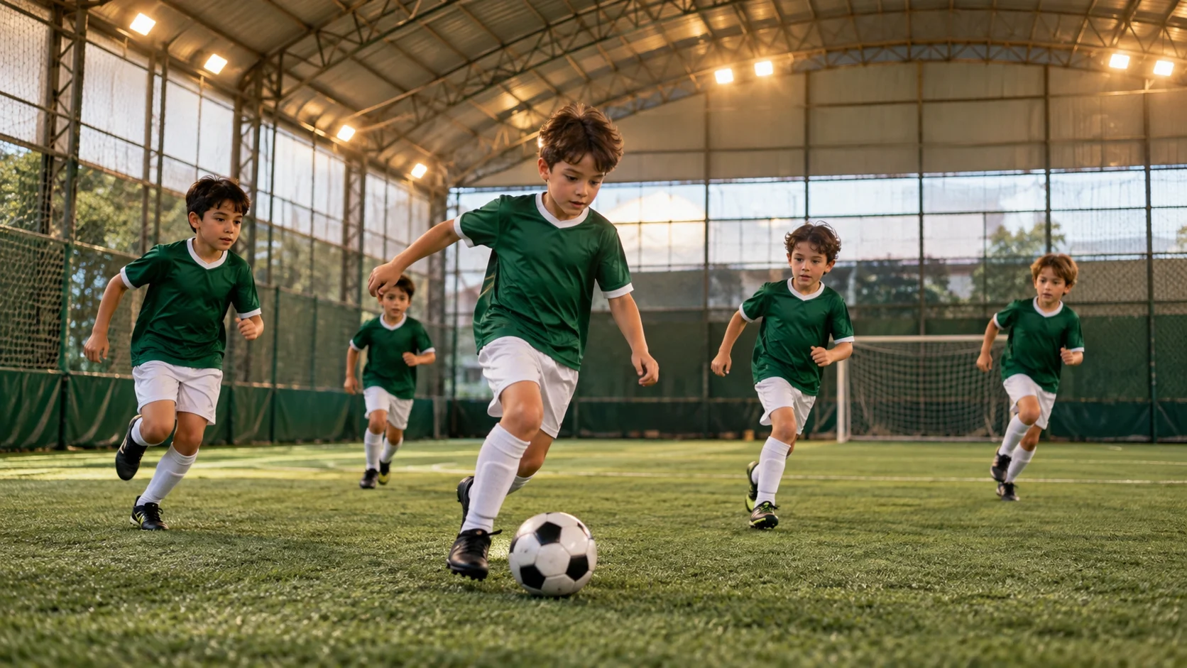 Temsili kapalı halı sahada futbol oynayan çocuklar